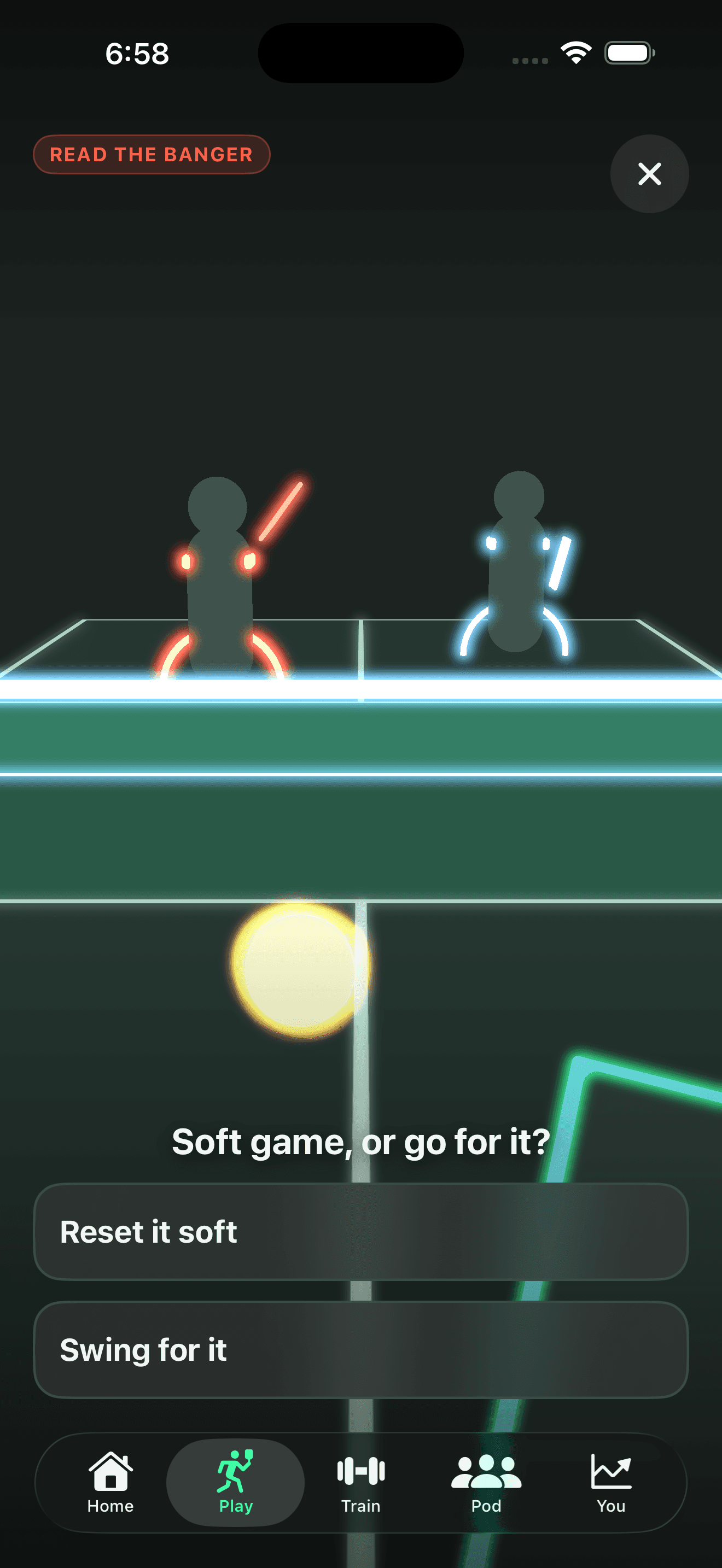 Read the Banger — “Soft game, or go for it?” with Reset it soft and Swing for it choices