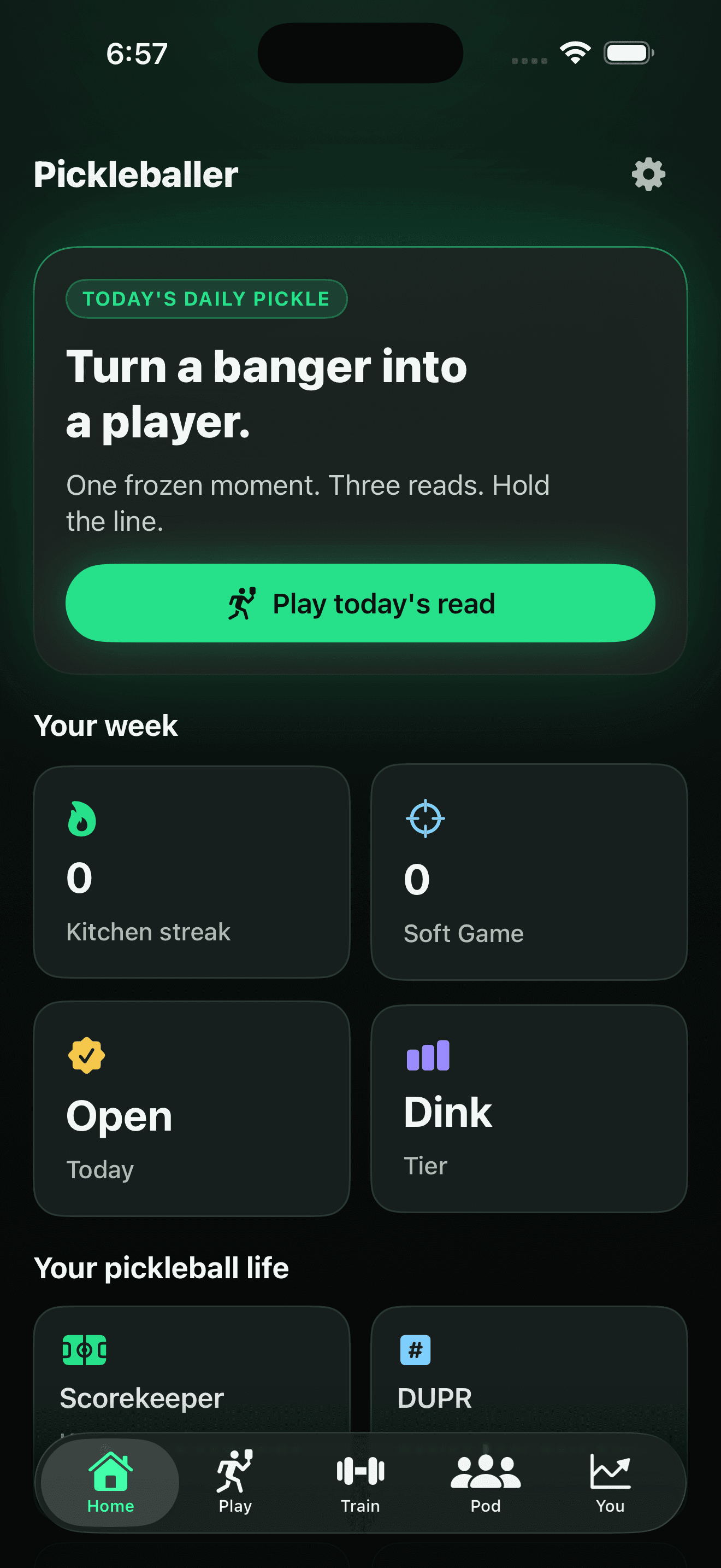 Home — today’s Daily Pickle, your kitchen streak and Soft Game rating