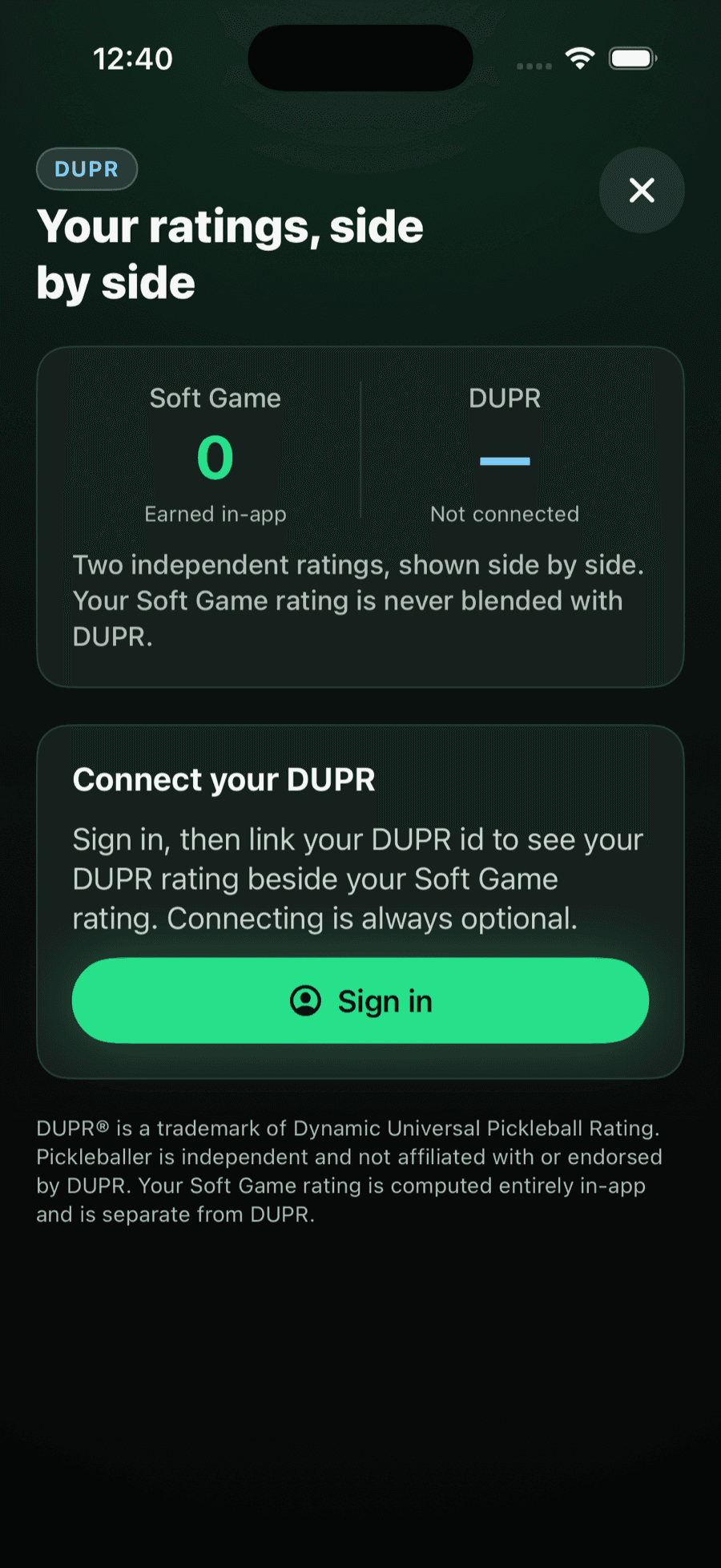 Your Soft Game rating shown beside DUPR