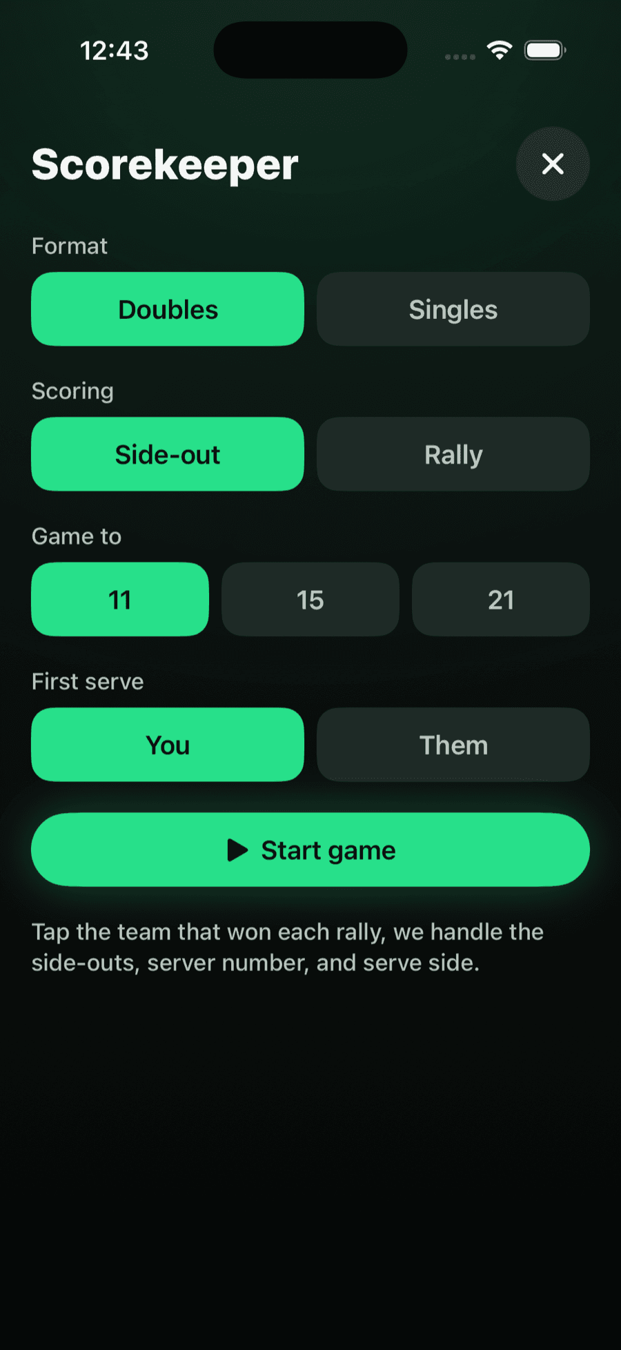Courtside scorekeeper — singles or doubles, side-out or rally